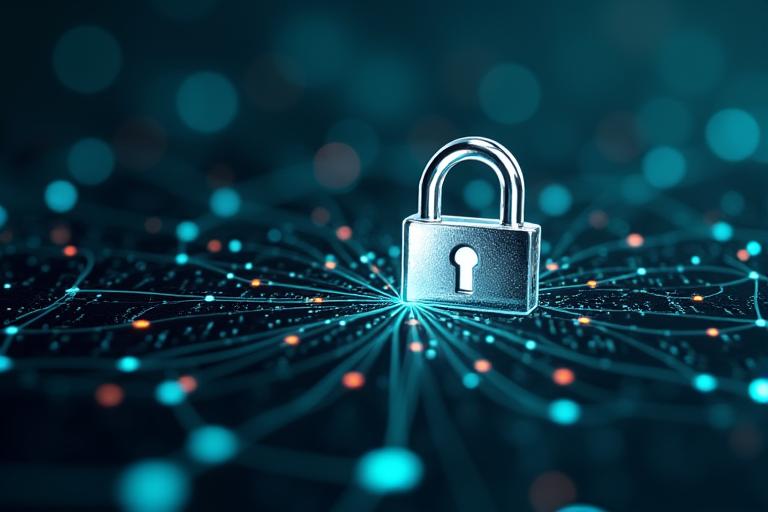 Digital security concept with interconnected nodes and a prominent padlock over a binary code background
