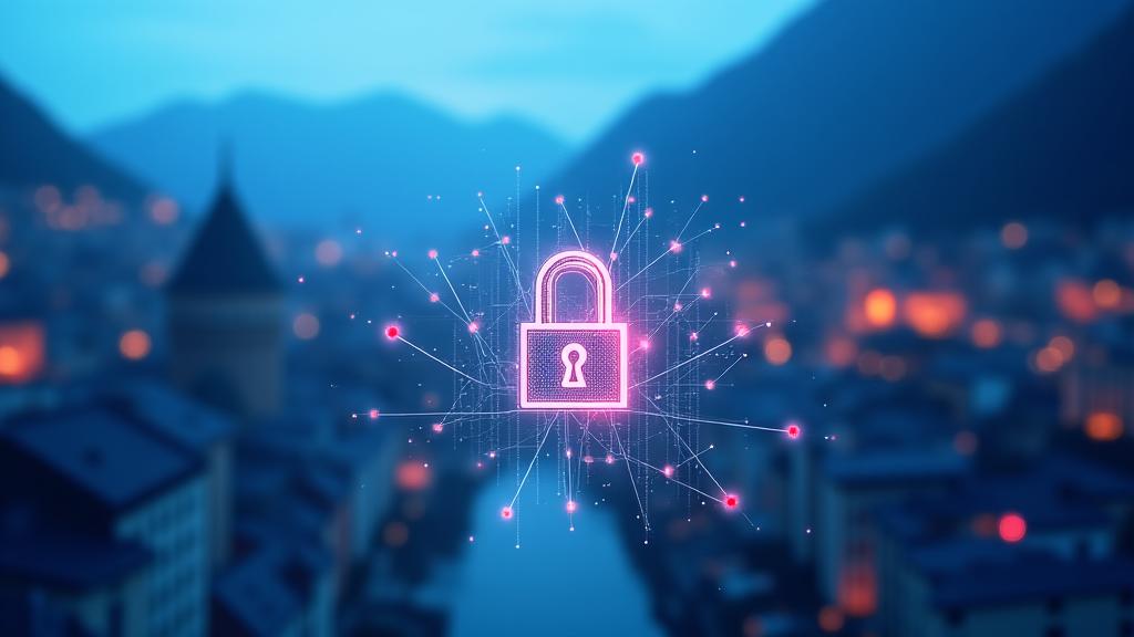 Abstract image representing data privacy and security with digital lock icons and blurred Swiss cityscape