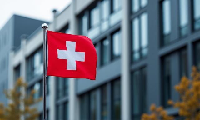 Swiss flag with a backdrop of a discreet office building in Basel