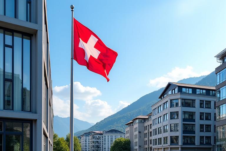 Modern business district in Switzerland with Swiss flag prominently displayed